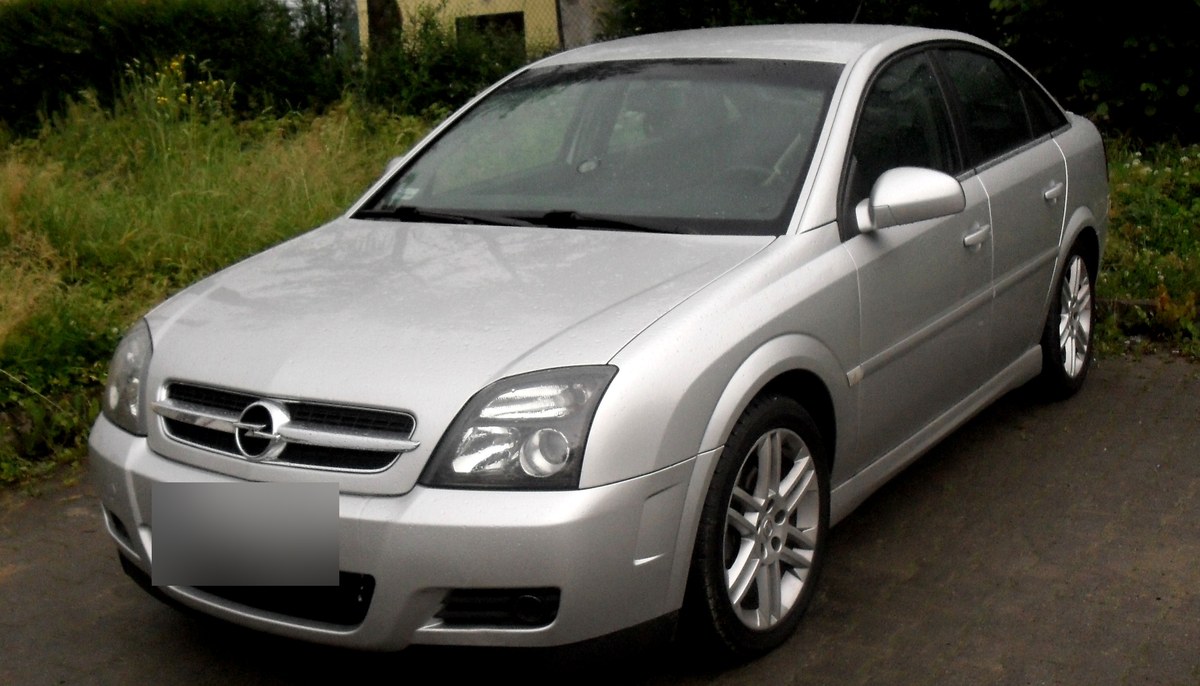Серебристый Opel Vectra C GTS до рестайлинга, пятидверный хэтчбек, вид спереди слева, у травы